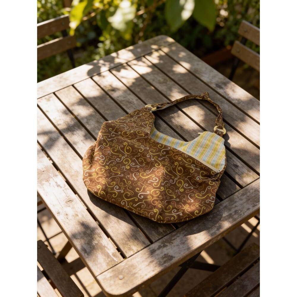 Handmade Brown Fabric Shoulder Bag‎ With Swirl & Stripe Pattern 23" x 13"